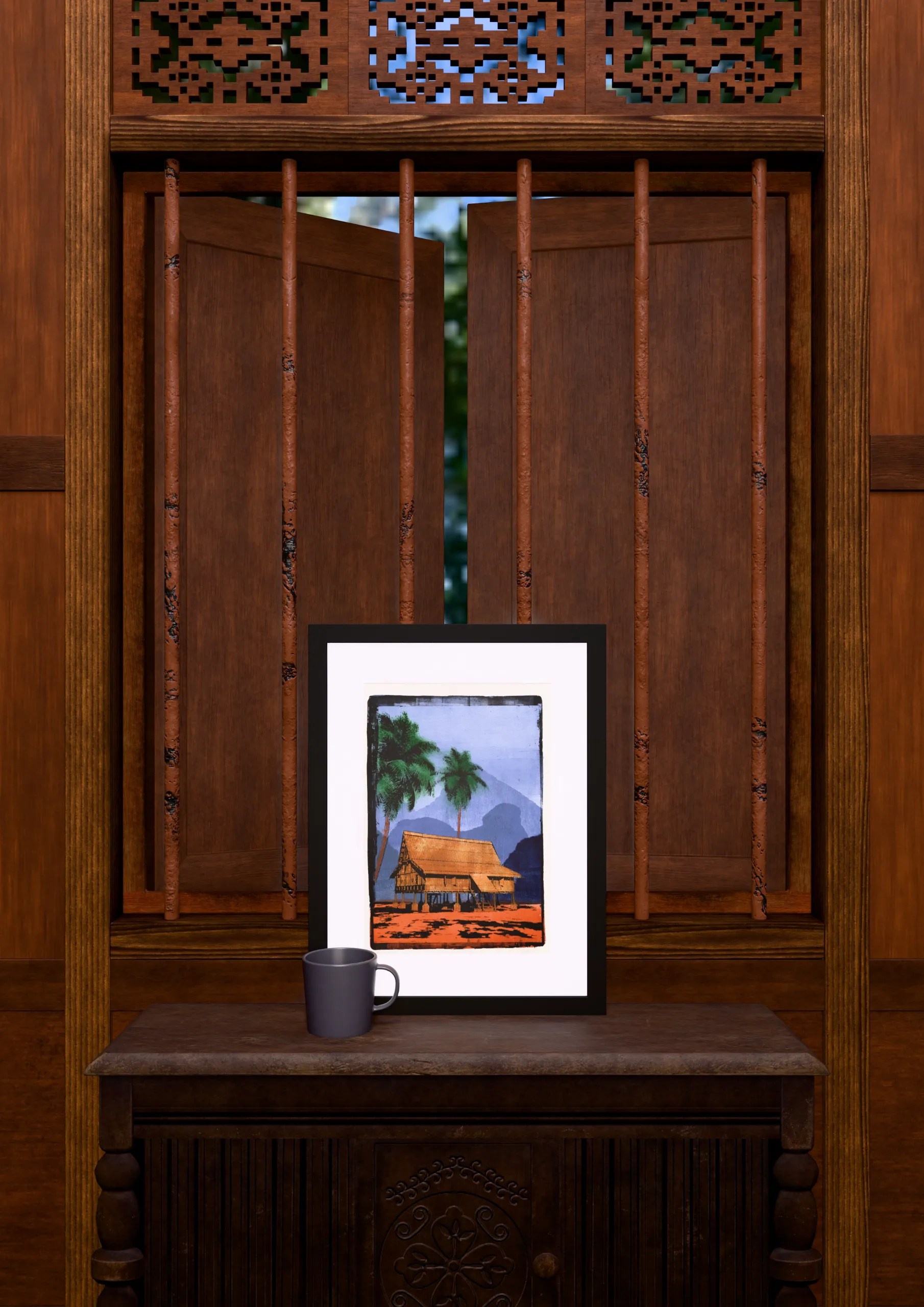 Mystic Mountains, gel plate monotype by Daniel Arendzen, framed and standing on a carved wooden cabinet under a barred window, with a mug for scale. The room is a Blender render of the interior of the same traditional Malaysian house shown in the print.