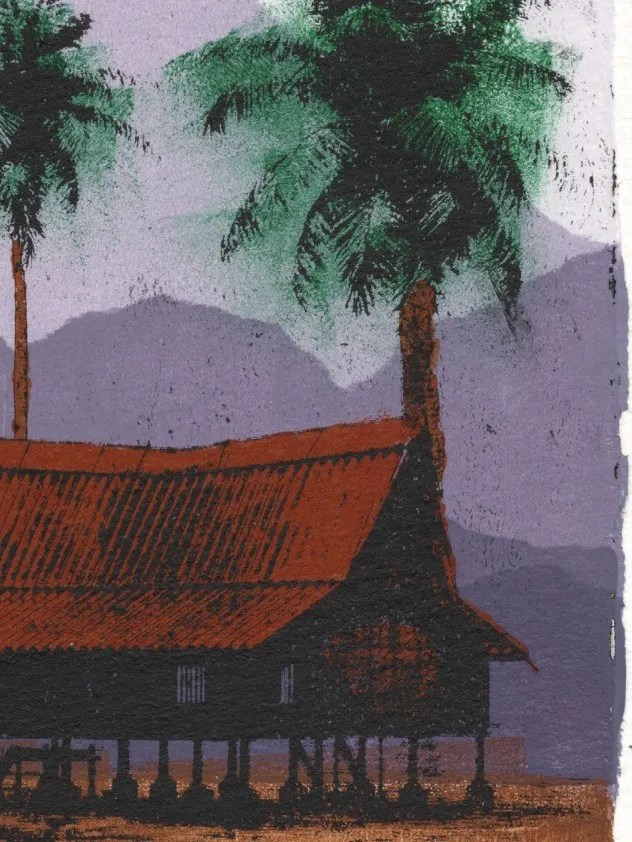 Purple Mountains, gel plate monotype by Daniel Arendzen, shown as a close-up: the rust-red roof and dark walls of the traditional Malaysian house on stilts, with a green coconut palm and purple hills behind. It shows the brayer and brush strokes on the textured paper