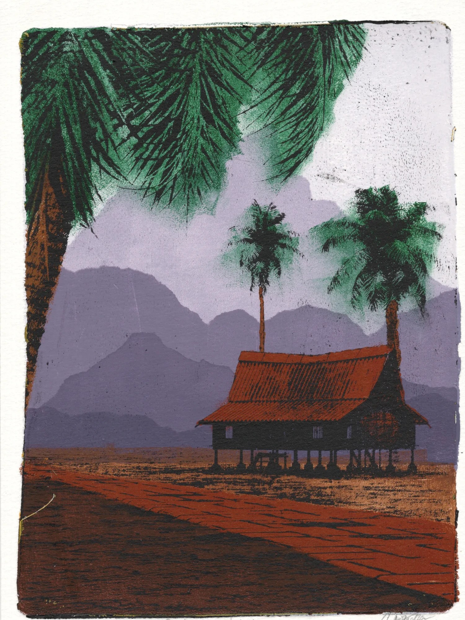Purple Mountains, gel plate monotype by Daniel Arendzen, showing the printed image only: a traditional Malaysian house on stilts with a rust-red roof and dark walls, under green coconut palms, on barren orange-brown land with a rust-red path in front, and layers of purple limestone hills below a pale lilac sky