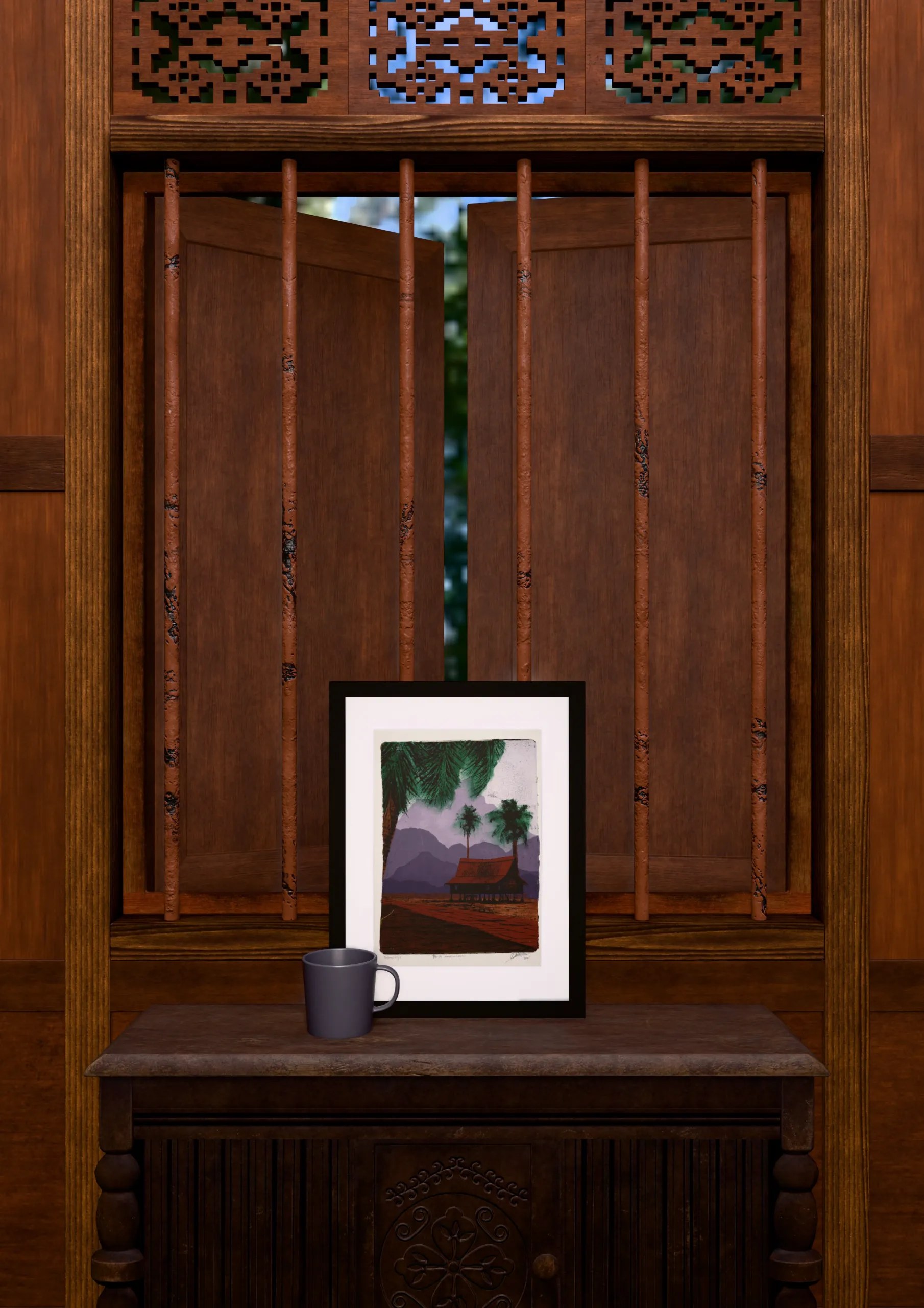 Purple Mountains, gel plate monotype by Daniel Arendzen, framed and standing on a carved wooden cabinet under a barred window, with a mug for scale. The room is a Blender render of the interior of the same traditional Malaysian house shown in the print.