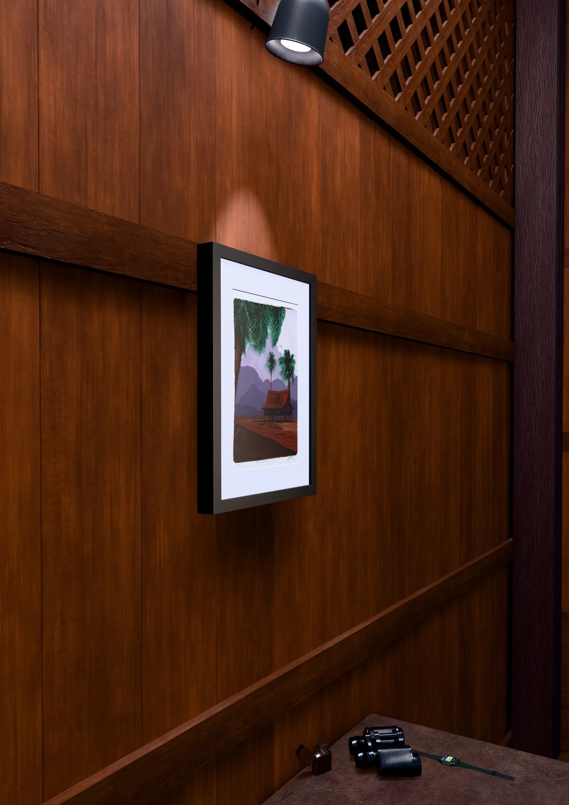Purple Mountains, gel plate monotype by Daniel Arendzen, framed on a wooden wall under a spotlight, seen from the side, with binoculars, a watch and a lighter on a table below. The room is a Blender render of the interior of the same traditional Malaysian house shown in the print.