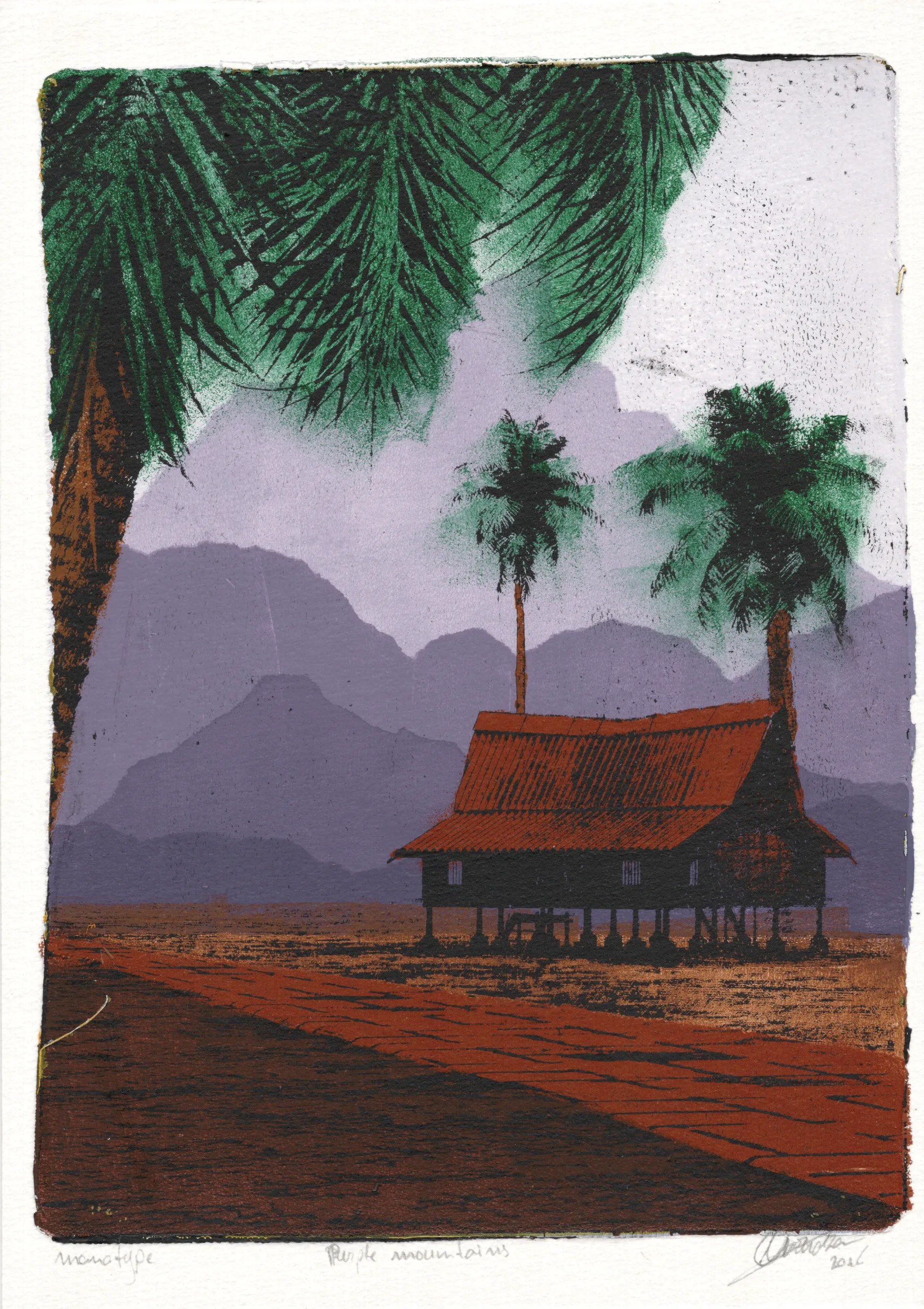 Purple Mountains, gel plate monotype by Daniel Arendzen, shown in full including the paper and the pencil writing at the bottom. The impression shows a traditional Malaysian house on stilts with a rust-red roof under green coconut palms, on barren land in front of layered purple limestone hills, on textured cold-pressed paper