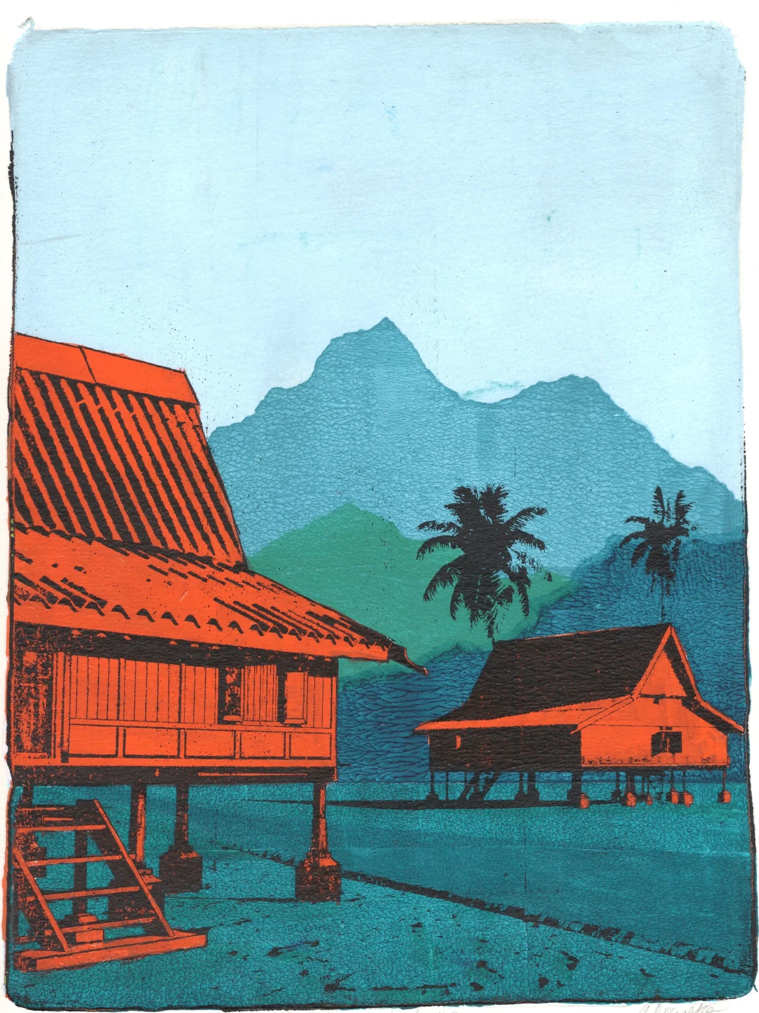 Two Houses Study #2, gel plate monotype by Daniel Arendzen, showing the printed image only: two traditional Malaysian houses on stilts in bright orange with dark roof lines, a large one in front with a wooden staircase and a smaller one further back, in a blue-green landscape with two black coconut palms and layered teal and green hills, the distant hills lighter, under a pale blue sky