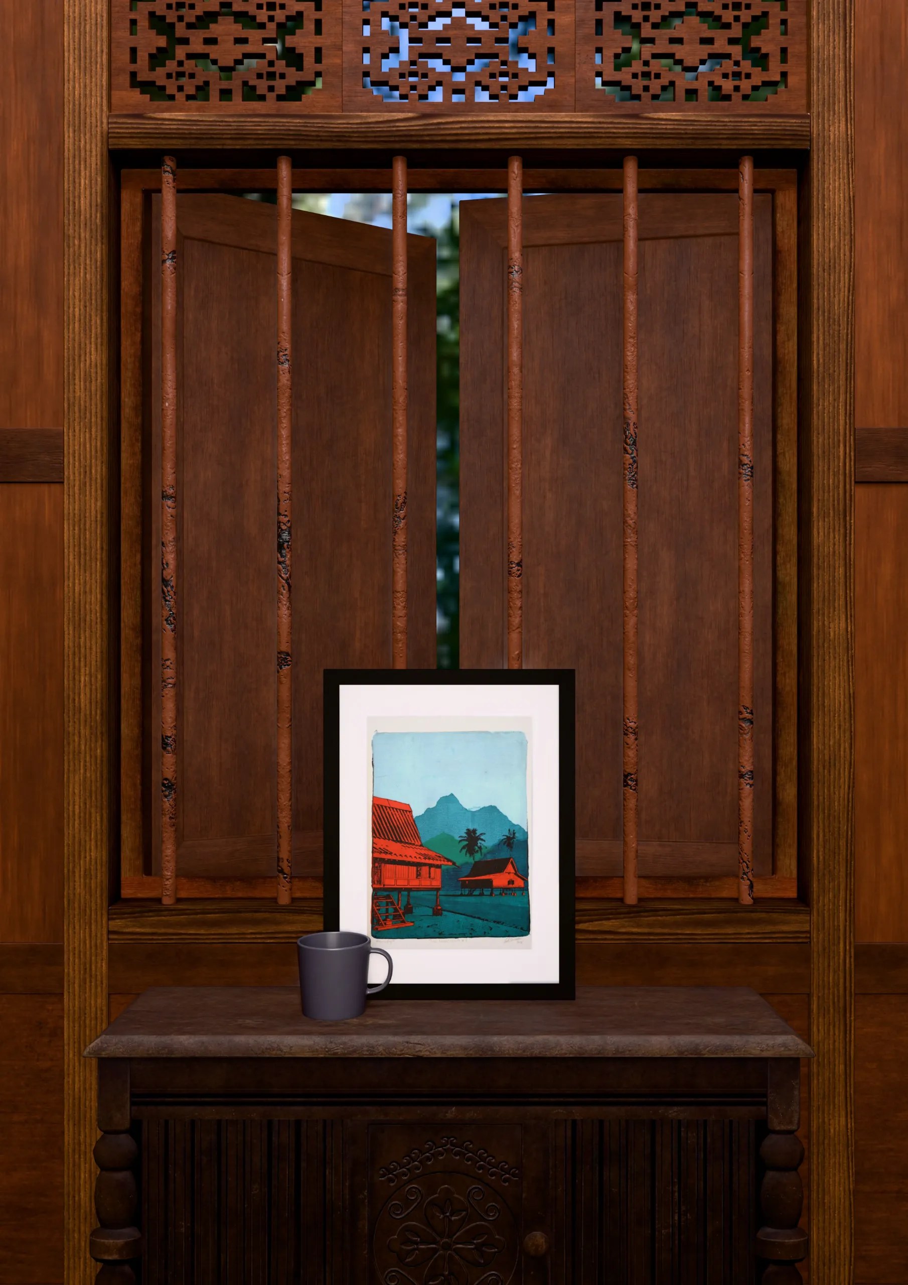 Two Houses Study #2, gel plate monotype by Daniel Arendzen, framed and standing on a carved wooden cabinet under a barred window, with a mug for scale. The room is a Blender render of the interior of the same traditional Malaysian house shown in the print.