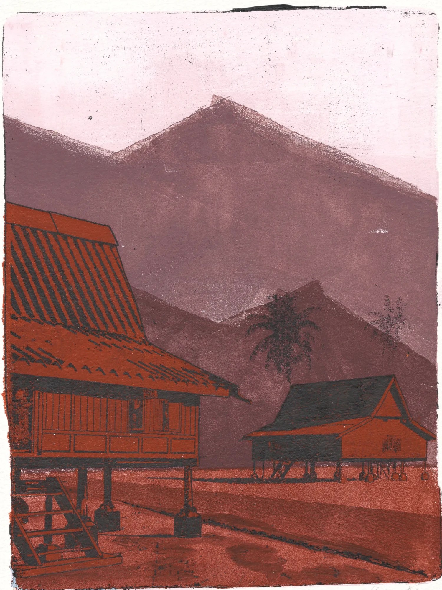 Two Houses Study #3, gel plate monotype by Daniel Arendzen, showing the printed image only: two traditional Malaysian houses on stilts in muted rust-red with dark roofs, a large one in front with a wooden staircase and a smaller one further back, on rust-red ground with a darker road, below layered mauve-purple hills with faint dark coconut palms and a pale pink sky