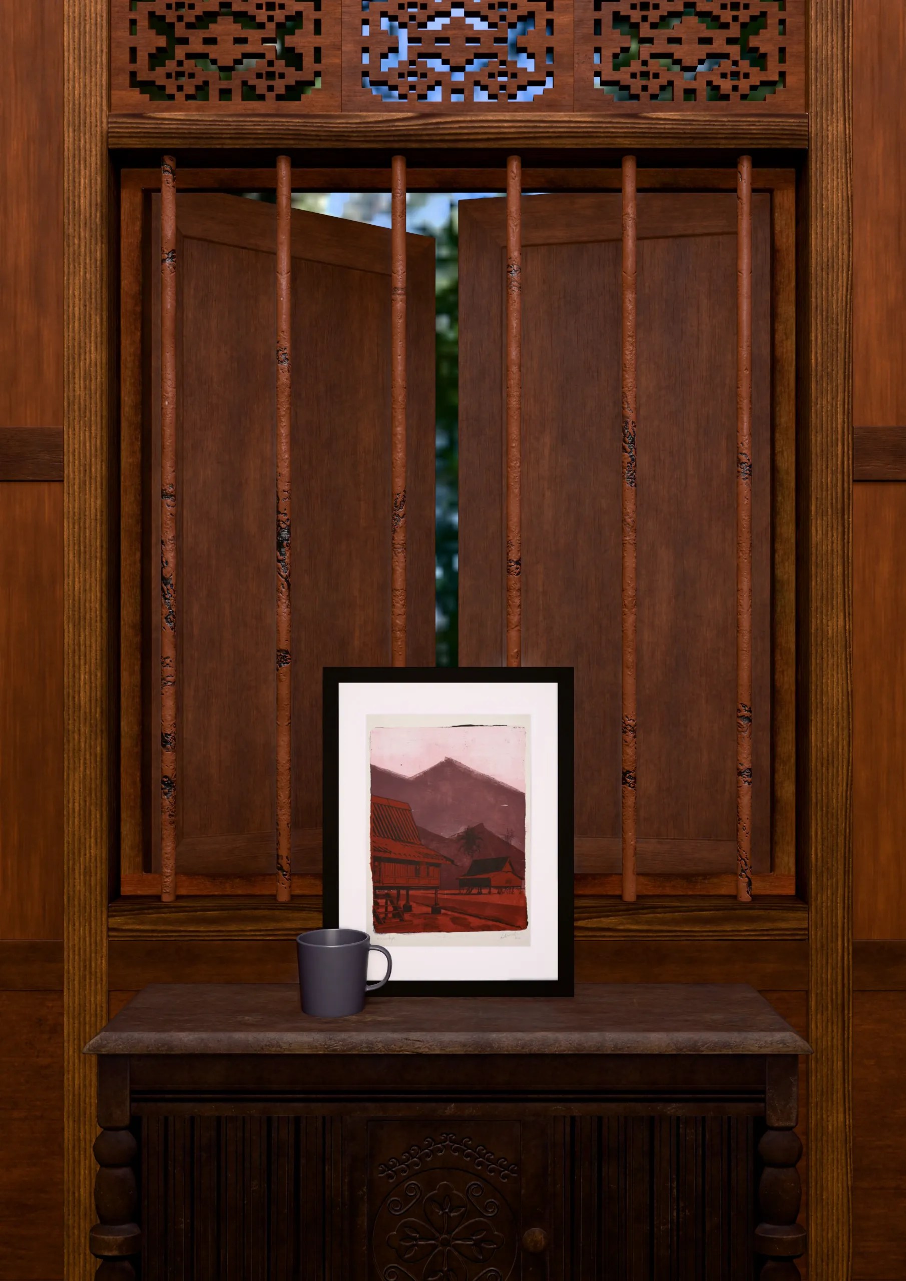 Two Houses Study #3, gel plate monotype by Daniel Arendzen, framed and standing on a carved wooden cabinet under a barred window, with a mug for scale. The room is a Blender render of the interior of the same traditional Malaysian house shown in the print.