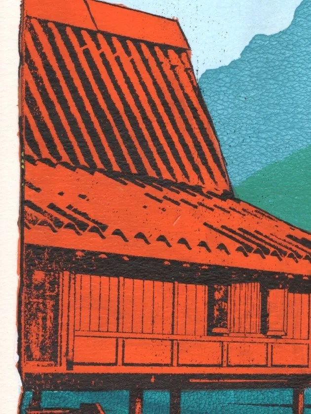 Two Houses Study #2, gel plate monotype by Daniel Arendzen, shown as a close-up: the bright orange roof and wooden walls of the front traditional Malaysian house, drawn in dark lines, with a teal and green hill behind. It shows the brayer texture of the acrylic paint on the textured paper