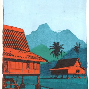 Two Houses Study #2, gel plate monotype by Daniel Arendzen, shown in full including the paper and the pencil writing at the bottom. The impression shows two orange traditional Malaysian houses on stilts in a blue-green landscape with coconut palms and layered hills under a pale blue sky, on textured cold-pressed paper