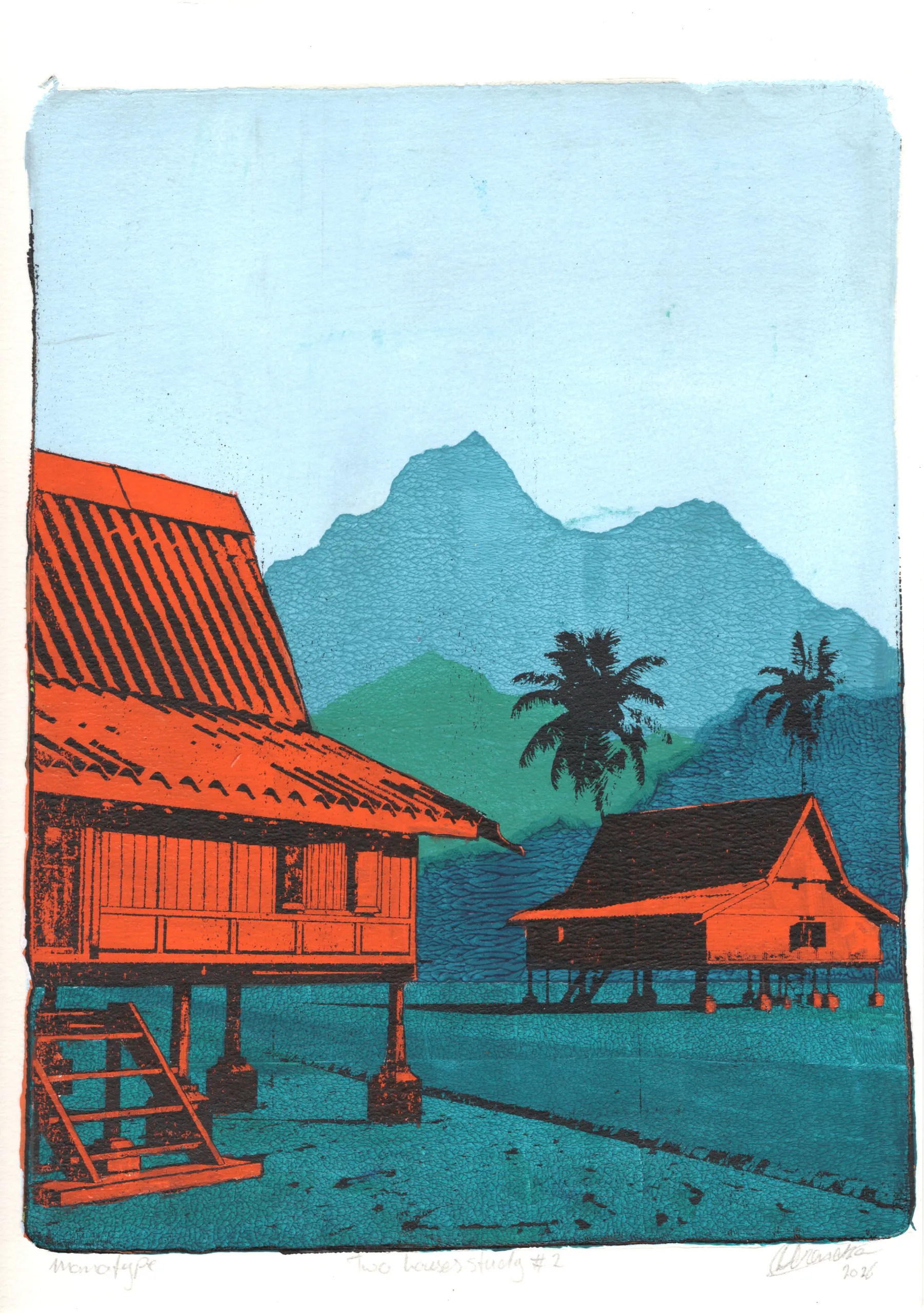 Two Houses Study #2, gel plate monotype by Daniel Arendzen, shown in full including the paper and the pencil writing at the bottom. The impression shows two orange traditional Malaysian houses on stilts in a blue-green landscape with coconut palms and layered hills under a pale blue sky, on textured cold-pressed paper