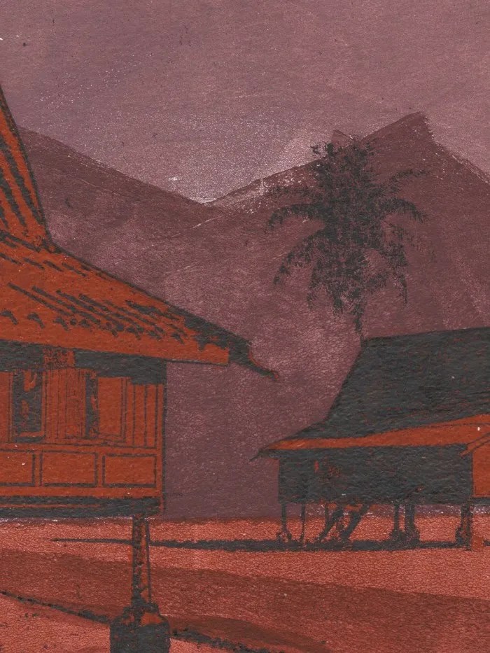 Two Houses Study #3, gel plate monotype by Daniel Arendzen, shown as a close-up: part of the front house and the second house with its dark roof, a dark coconut palm against mauve-purple hills, and rust-red ground. It shows the rough brayer strokes on the textured paper