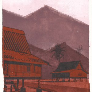 Two Houses Study #3, gel plate monotype by Daniel Arendzen, shown in full including the paper and the pencil writing at the bottom. The impression shows two muted rust-red traditional Malaysian houses on stilts on rust-red ground below mauve-purple hills and a pale pink sky, on textured cold-pressed paper