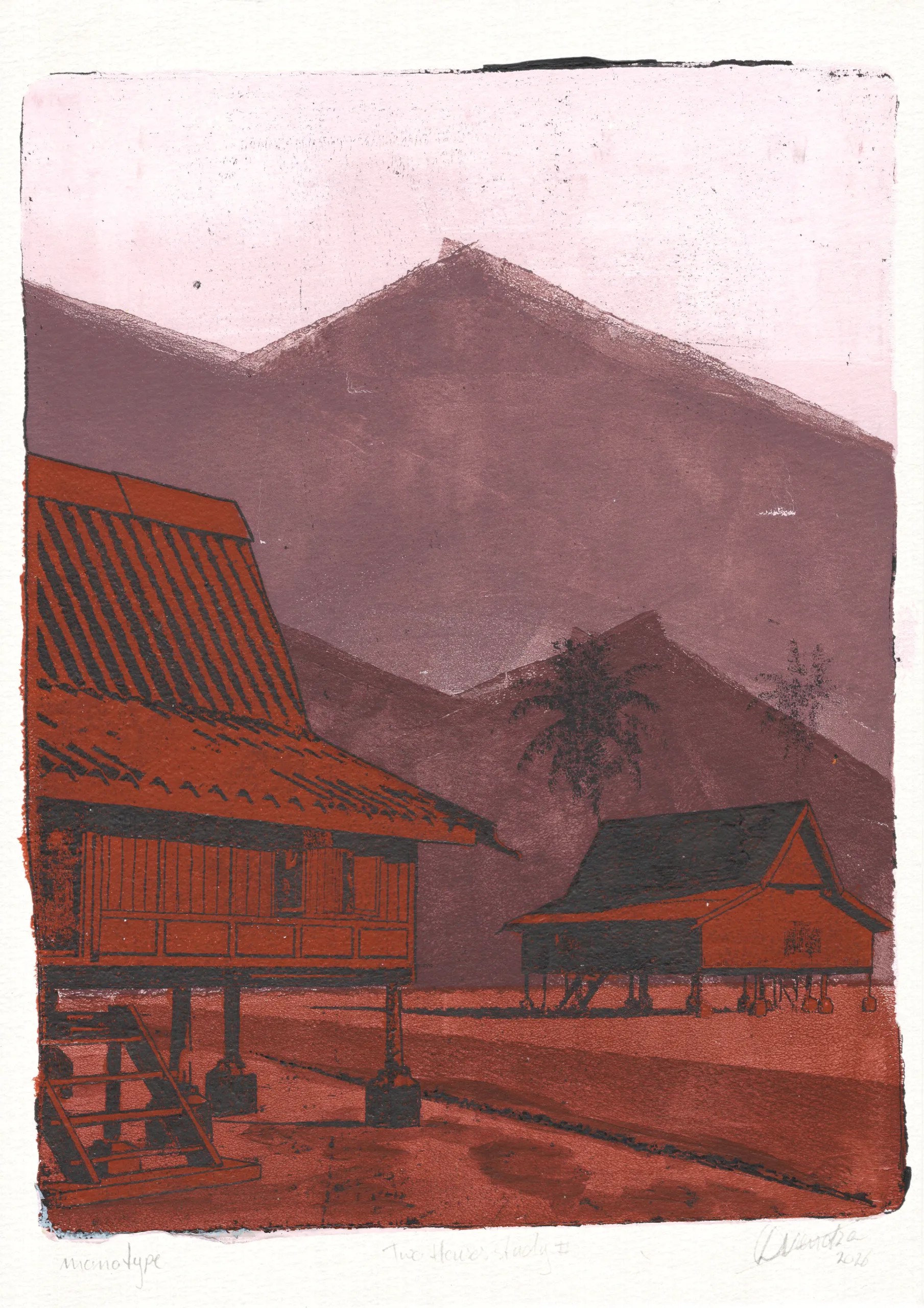 Two Houses Study #3, gel plate monotype by Daniel Arendzen, shown in full including the paper and the pencil writing at the bottom. The impression shows two muted rust-red traditional Malaysian houses on stilts on rust-red ground below mauve-purple hills and a pale pink sky, on textured cold-pressed paper