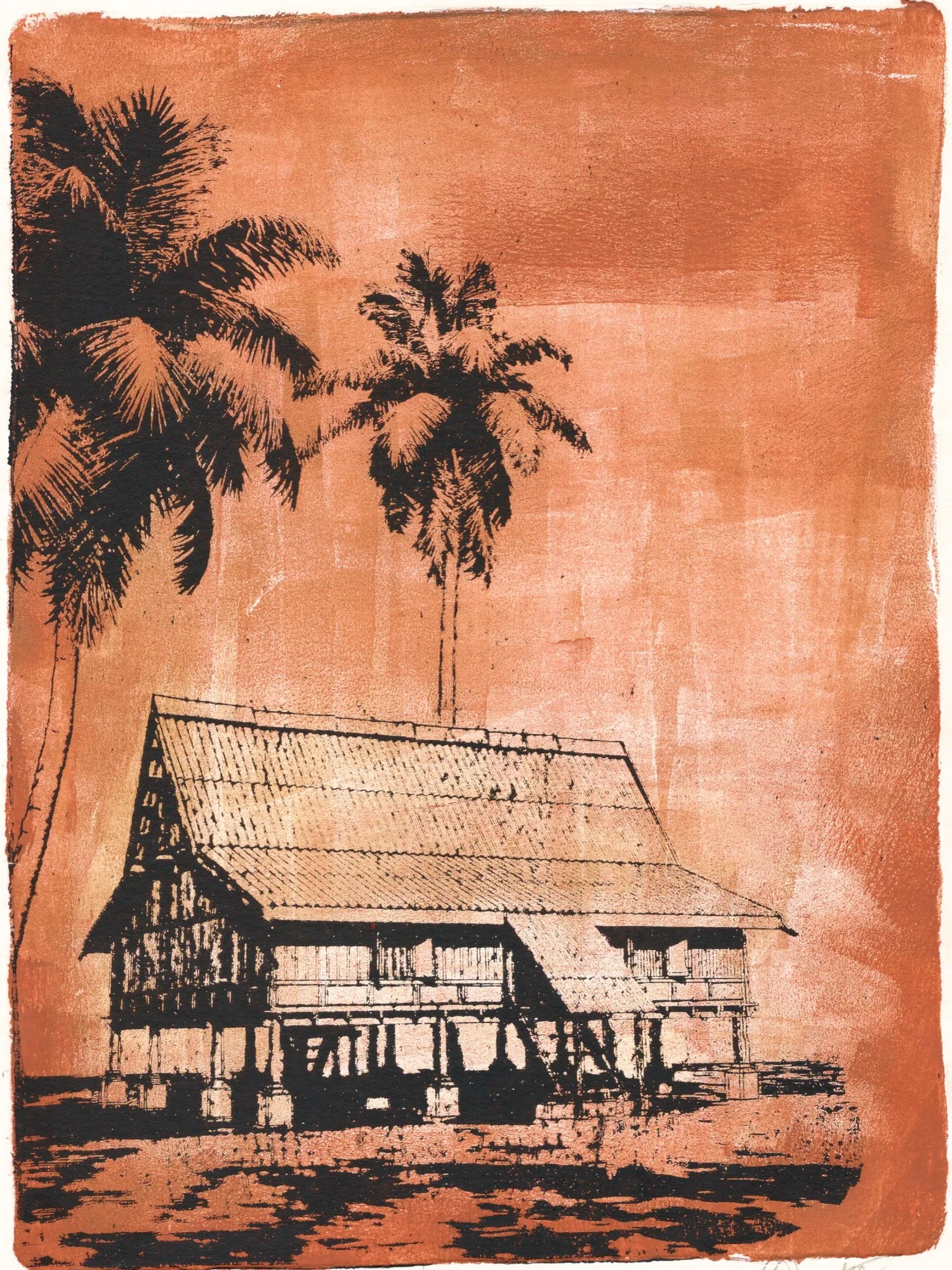 Vintage Sun, gel plate monotype by Daniel Arendzen, showing the printed image only: a traditional Malaysian house on stilts in black and a lighter tint of the same muted red, with two black coconut palms against a muted red-orange sky and crumbling dark land in front. Made with one colour in different intensities, with swift brayer strokes that leave visible marks