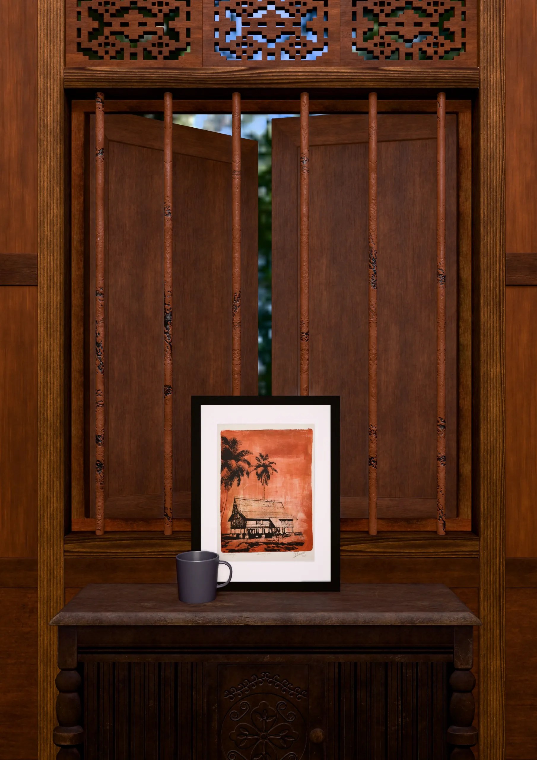 Vintage Sun, gel plate monotype by Daniel Arendzen, framed and standing on a carved wooden cabinet under a barred window, with a mug for scale. The room is a Blender render of the interior of the same traditional Malaysian house shown in the print.