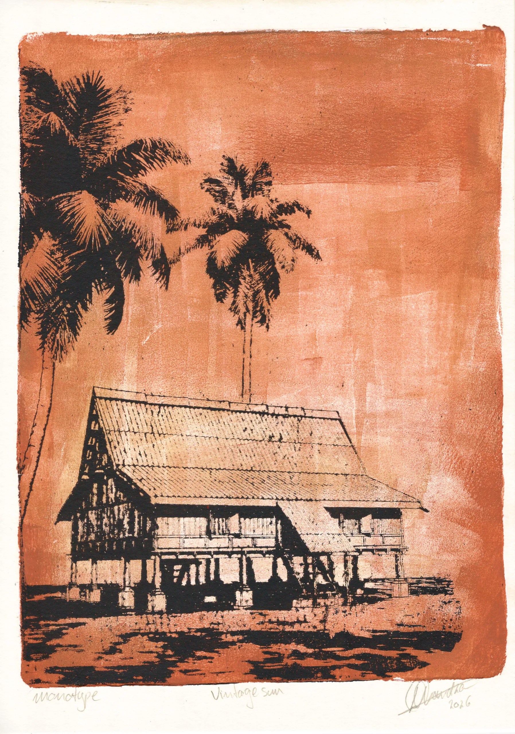 Full image of Vintage Sun, gel plate monotype by Daniel Arendzen: a traditional Malaysian house on stilts in black and a lighter tint of the same muted red, with two black coconut palms against a muted red-orange sky and crumbling dark land in front. Made with one colour in different intensities, with swift brayer strokes that leave visible marks. Pressed on cotton paper