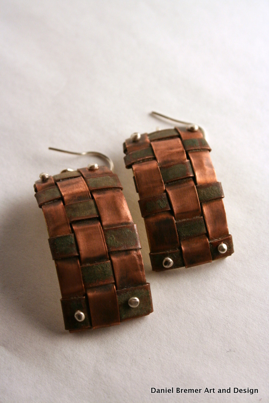 Copper weave earrings; copper, brass, sterling silver