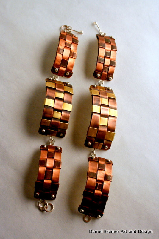 Copper weave bracelets; copper, brass, sterling silver