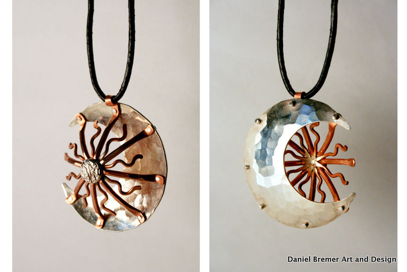 Sun moon pendant; sterling silver, copper
