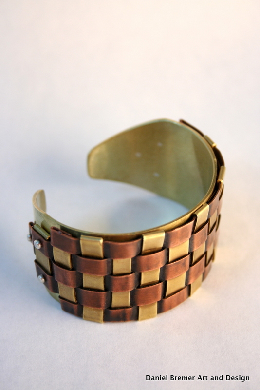 Copper weave cuff; copper, brass, sterling silver
