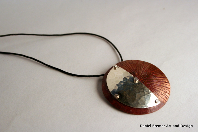 Sun moon pendant; copper, sterling silver