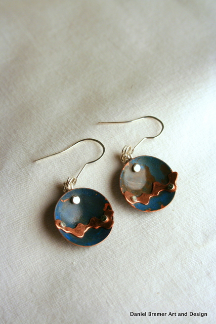 Stream earrings; copper, sterling silver