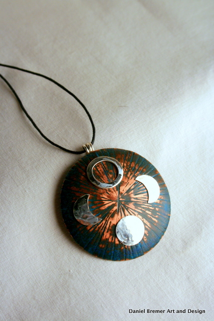 Moon pendant; copper, sterling silver