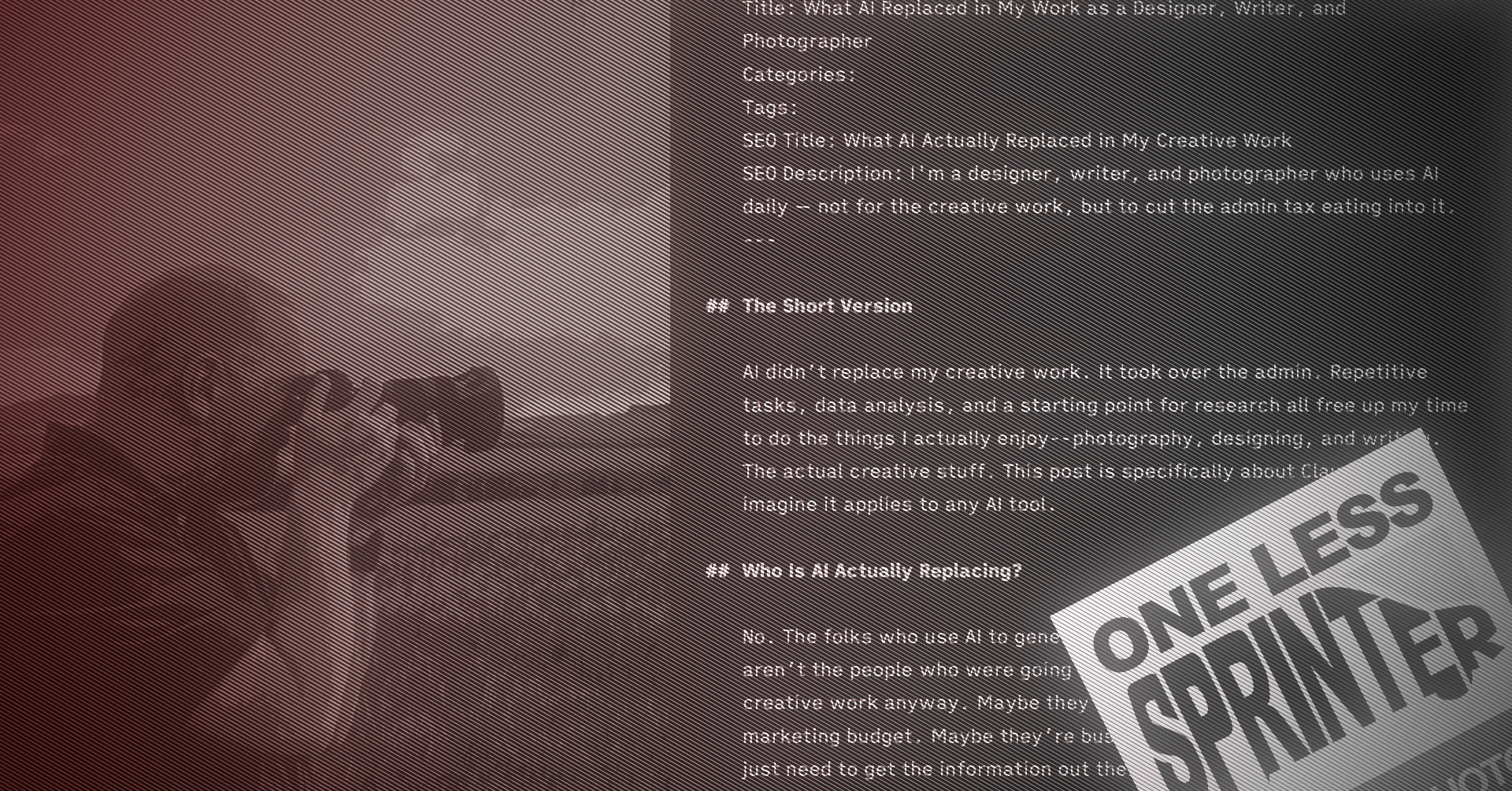 Layered image depicting a photographer, overlaid with a writing sample and a graphic design sample.