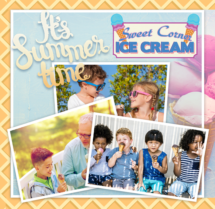 Colorful summer-themed collage featuring photos of people enjoying ice cream. Top left text reads "It's Summer Time" in playful cursive, and top right banner reads "Sweet Corn Ice Cream" with images of ice cream cones. Children and an elderly person are smiling and eating ice cream—a perfect marketing design for the season.