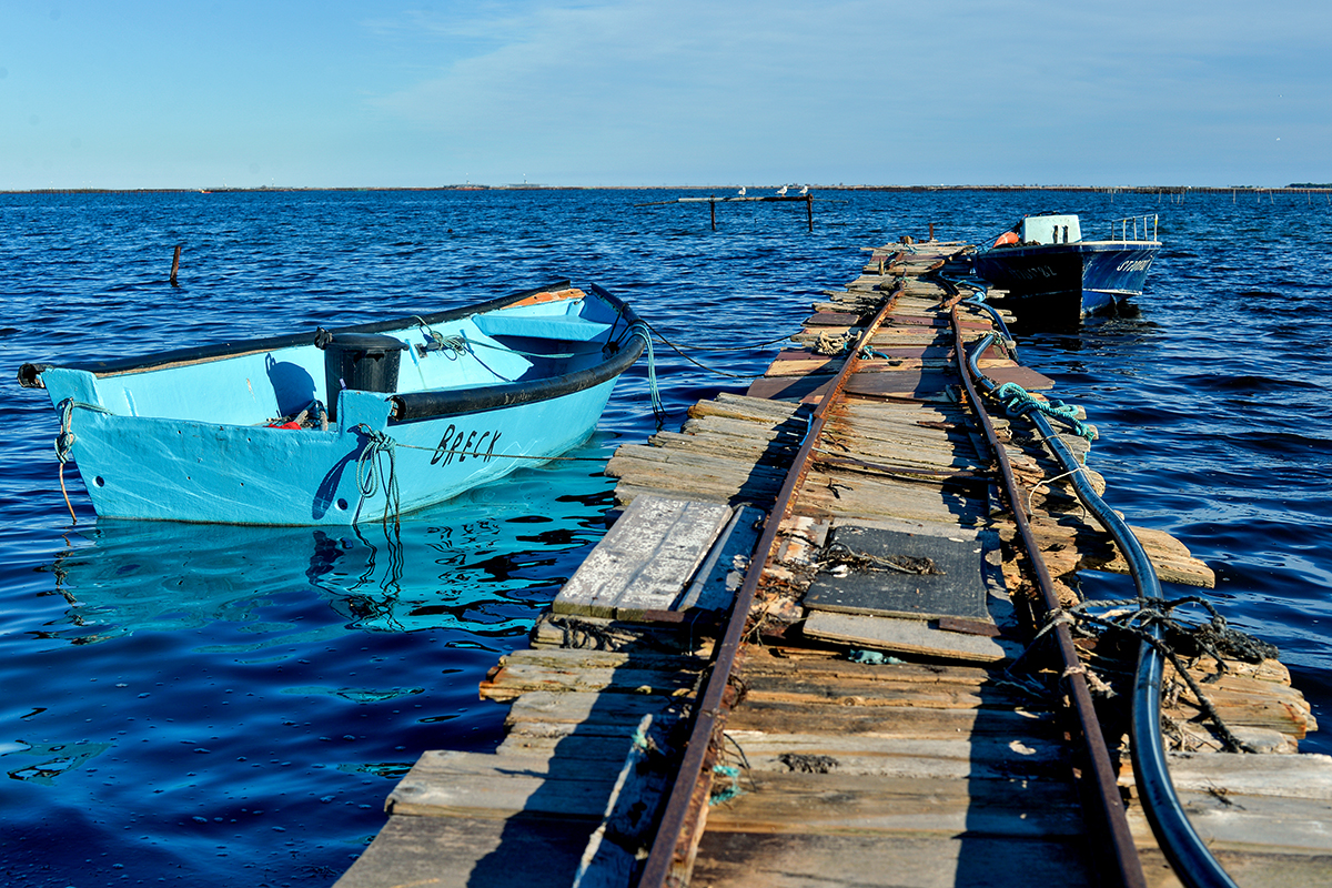 Ponton ostréicole sur l'étang de Thau avec un bateau bleu amarré sous un ciel clair.