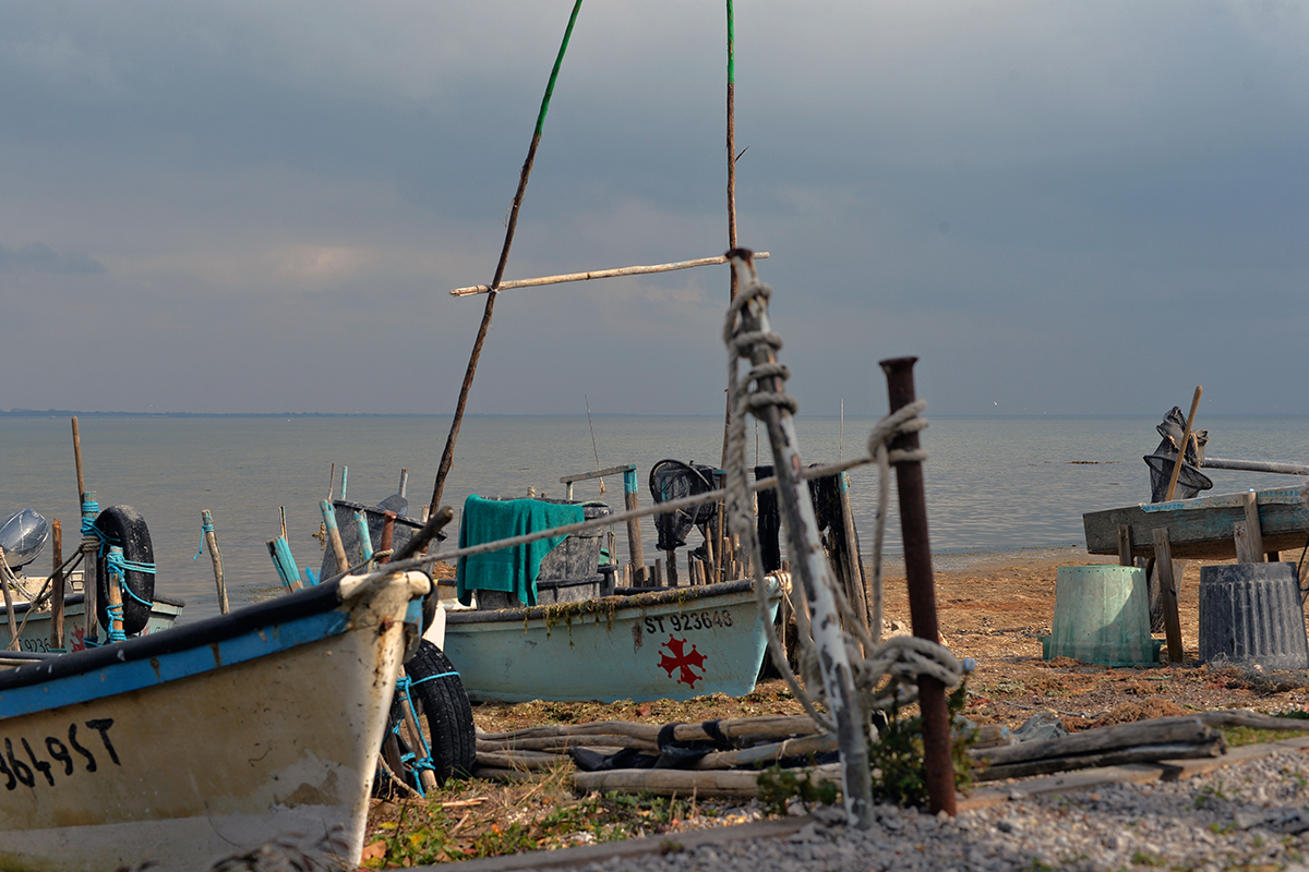Bateau de pêche amarré au bord de l'étang de Mauguio à Pérols, avec des équipements de pêche.