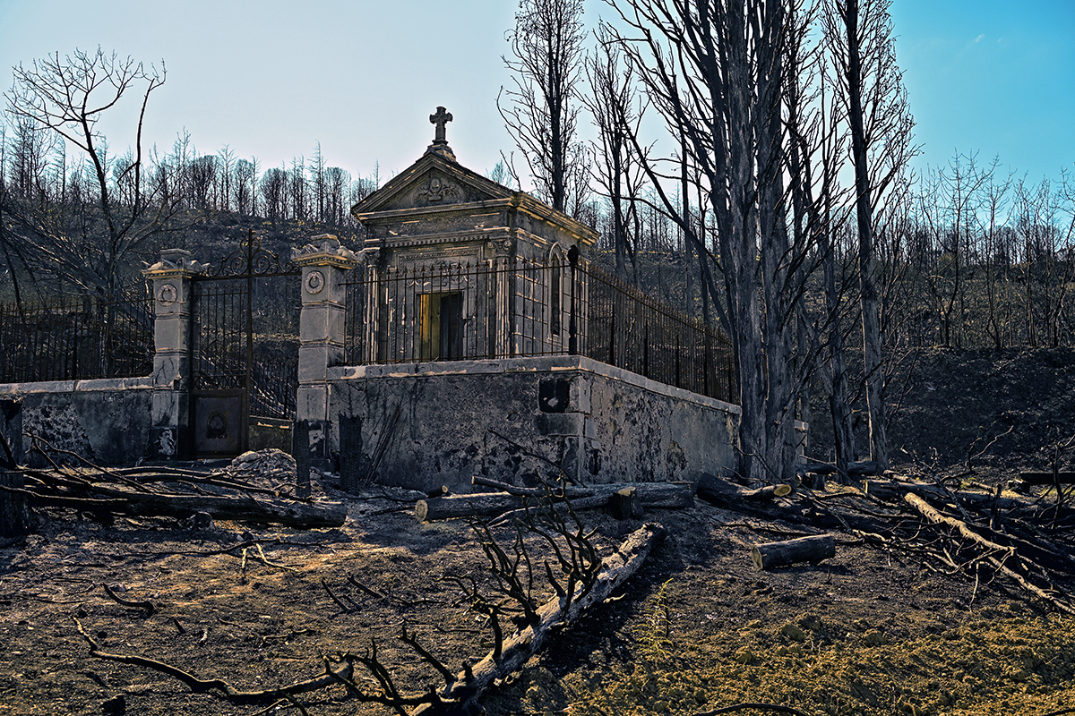 Paysage noirci par le feu dans le massif des Corbières