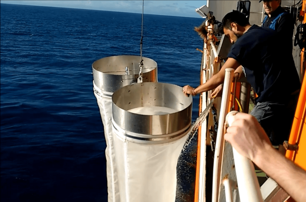 Sampling for microplastics with Bongo-nets.