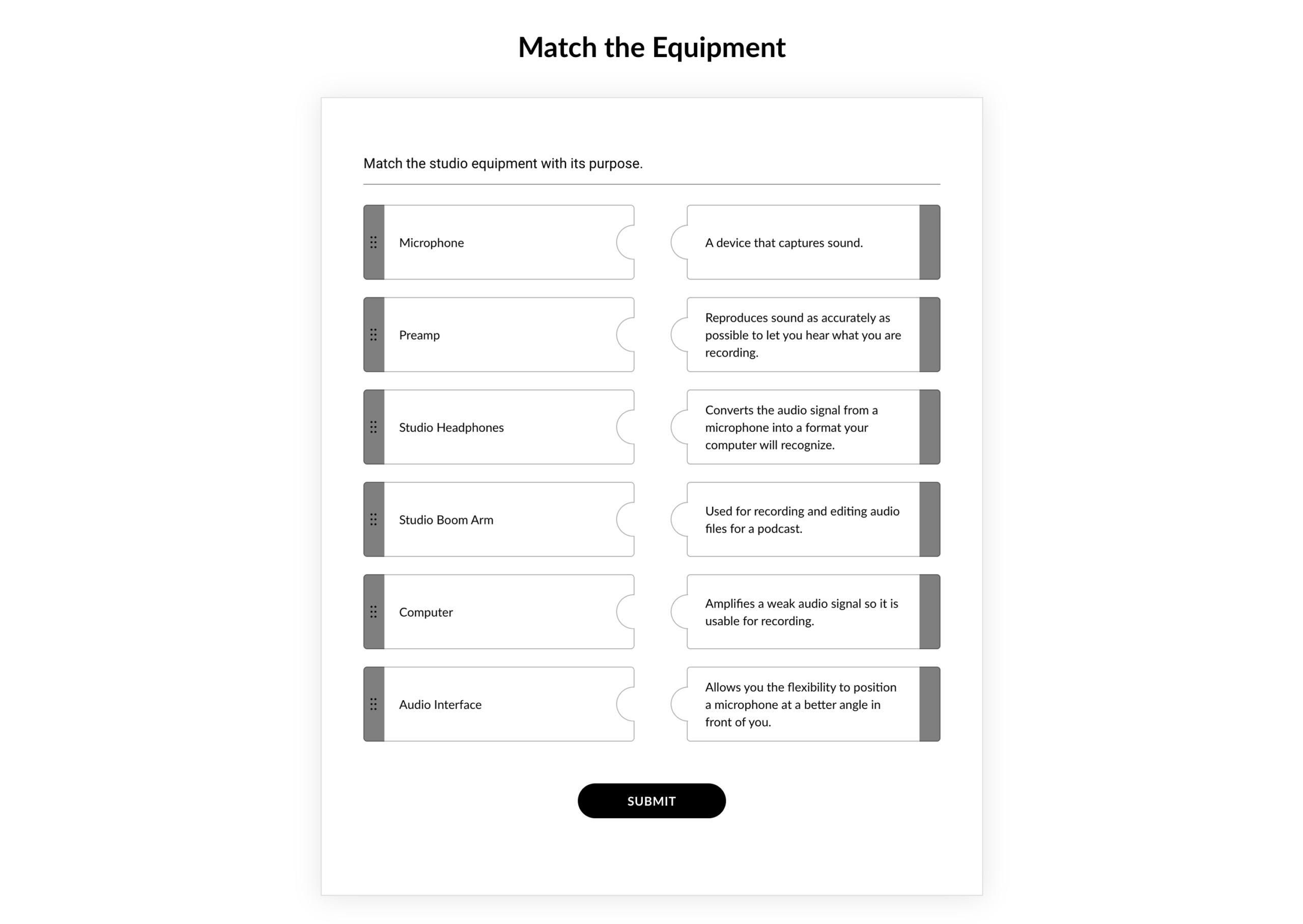 A digital matching activity titled "Match the Equipment," featuring six studio equipment items on the left and their descriptions on the right, with a "SUBMIT" button at the bottom.
