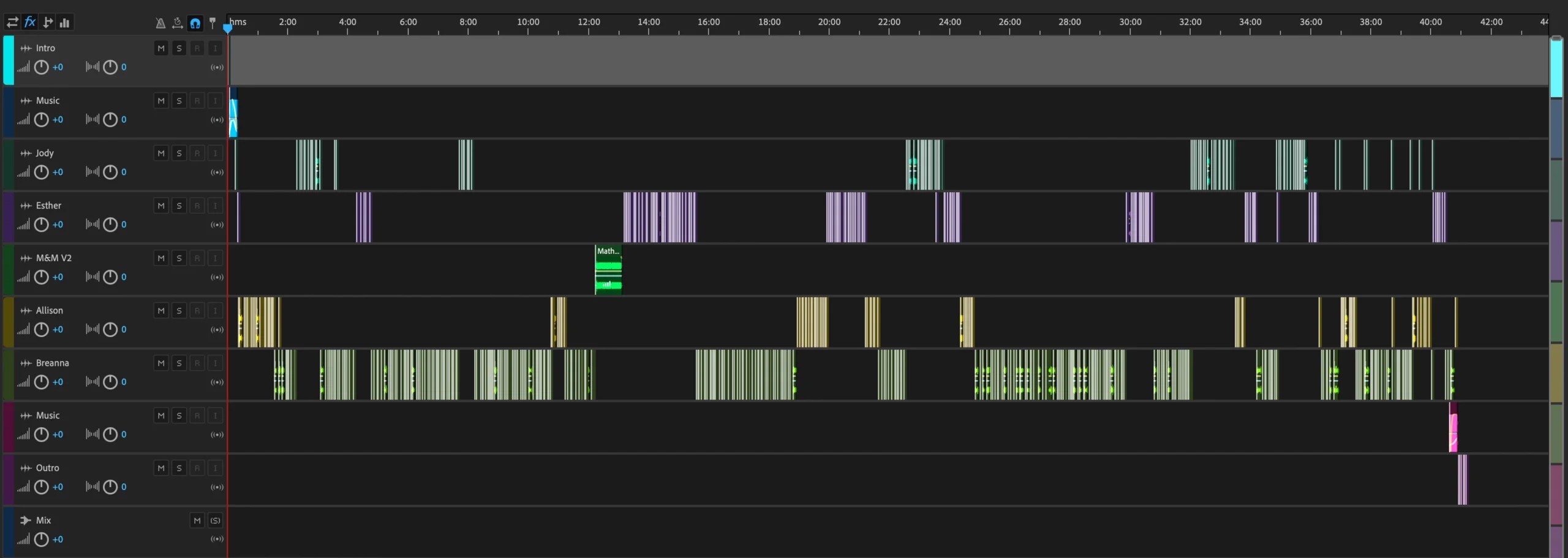 Adobe Audition multitrack timeline showing ten labeled audio tracks stacked vertically, including intro and outro music, four speaker tracks, and a segment insert, across a 44-minute episode.
