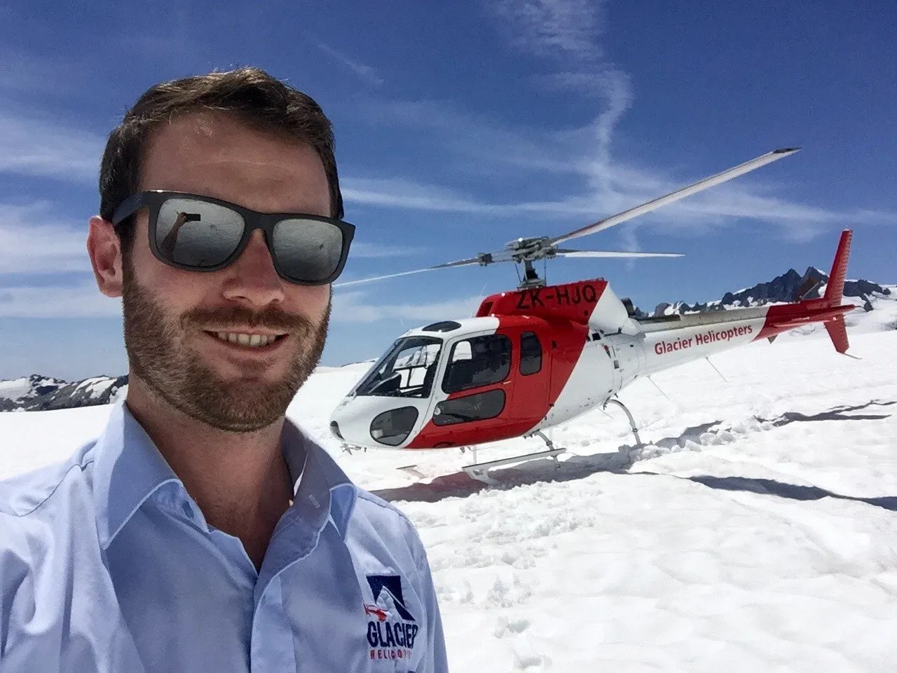 Dan Round the World working for Glacier Helicopters on the snow, Franz Josef Glacier, West Coast, New Zealand