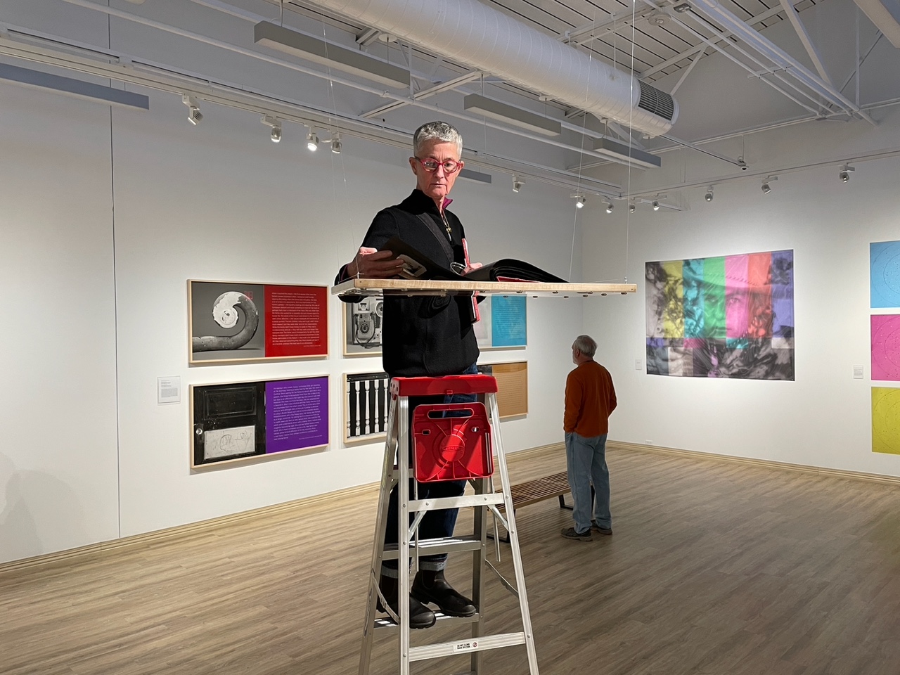 Obvious/Not So (Selected Works, 1973-Present) at the Sordoni Art Gallery, Wilkes University, Spring 2022. Foreground: Footloose and…and the ties that bind; background: Seeing Through Psychics. Photo courtesy the Sordoni Art Gallery.