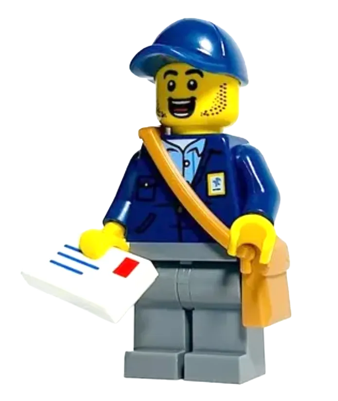 LEGO mailman minifigure holding a letter