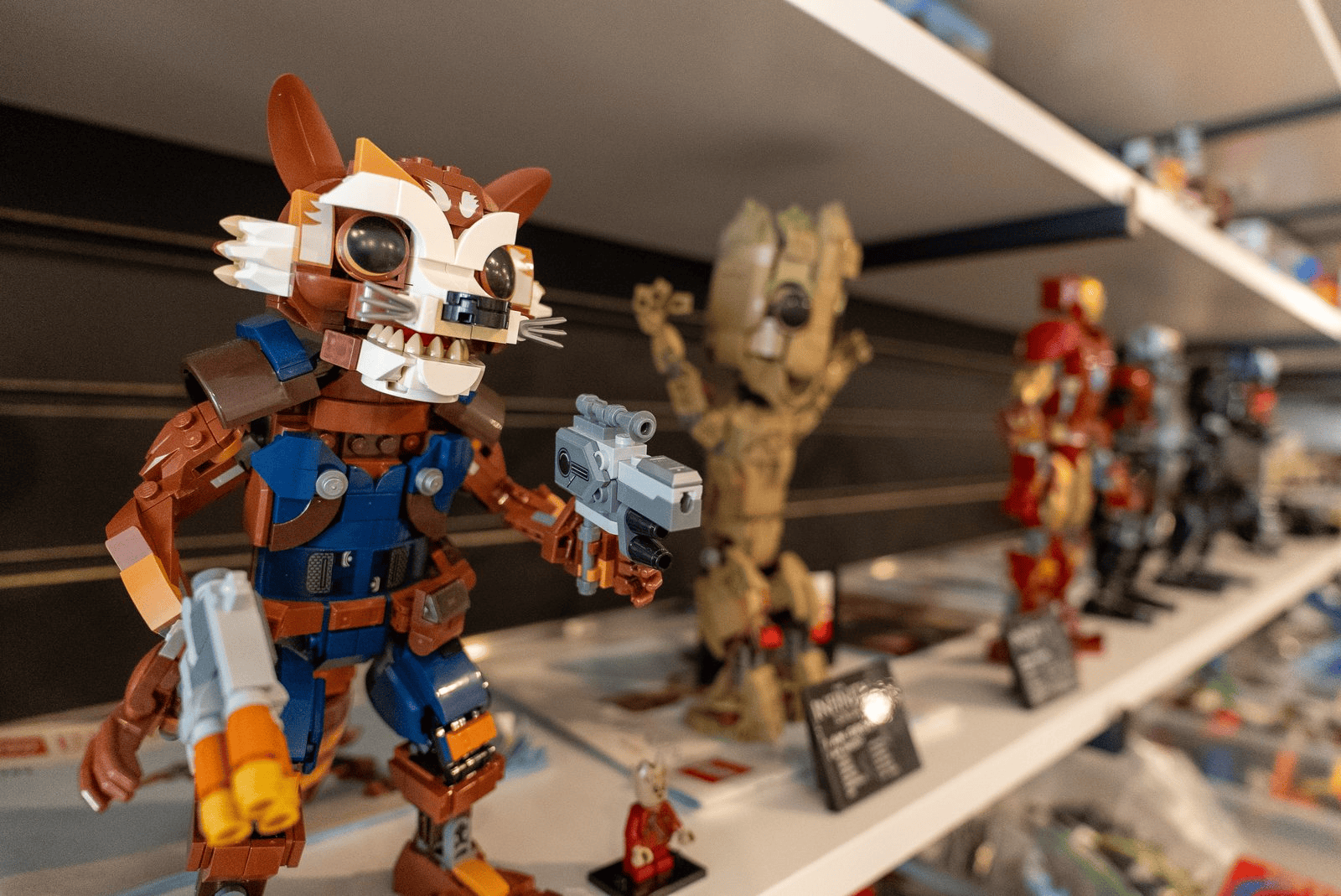 Assembled LEGO character models on display