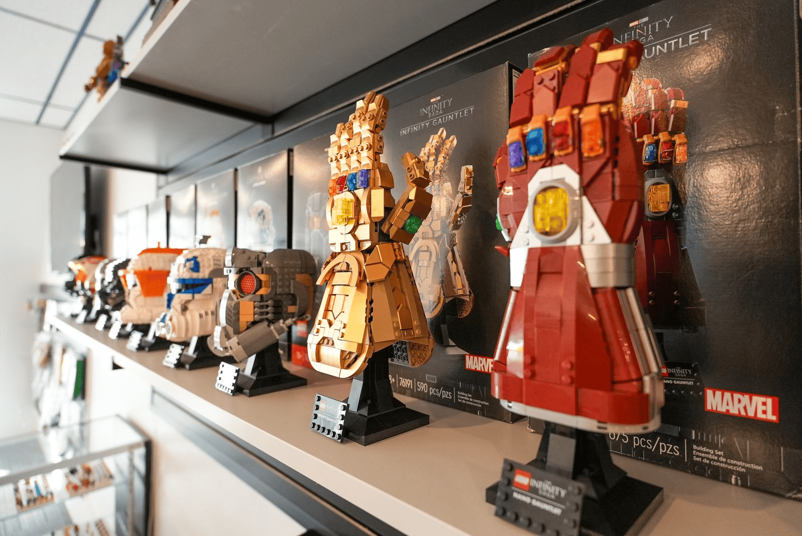 LEGO Marvel character builds lining a store shelf