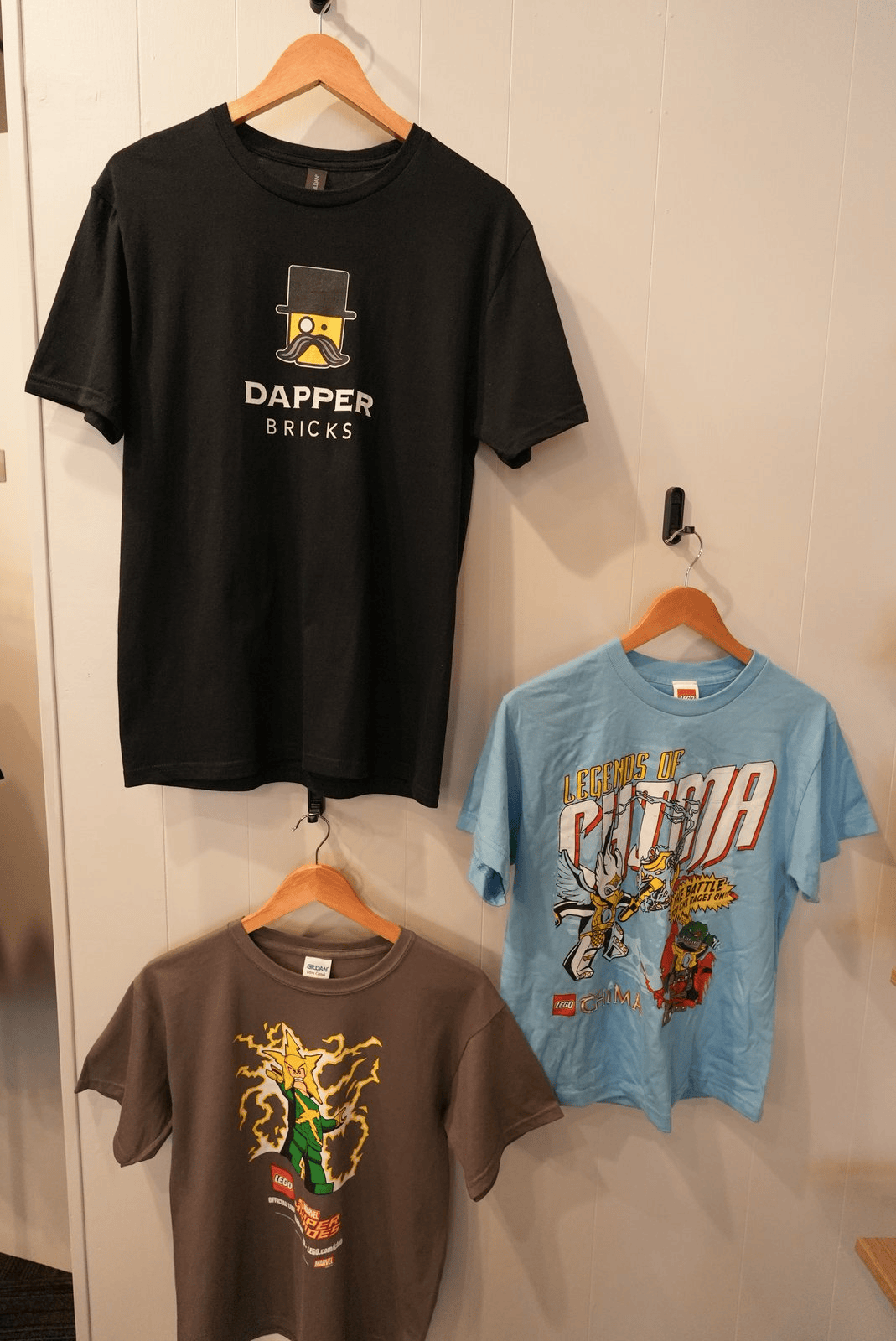 Dapper Bricks and LEGO graphic shirts on display
