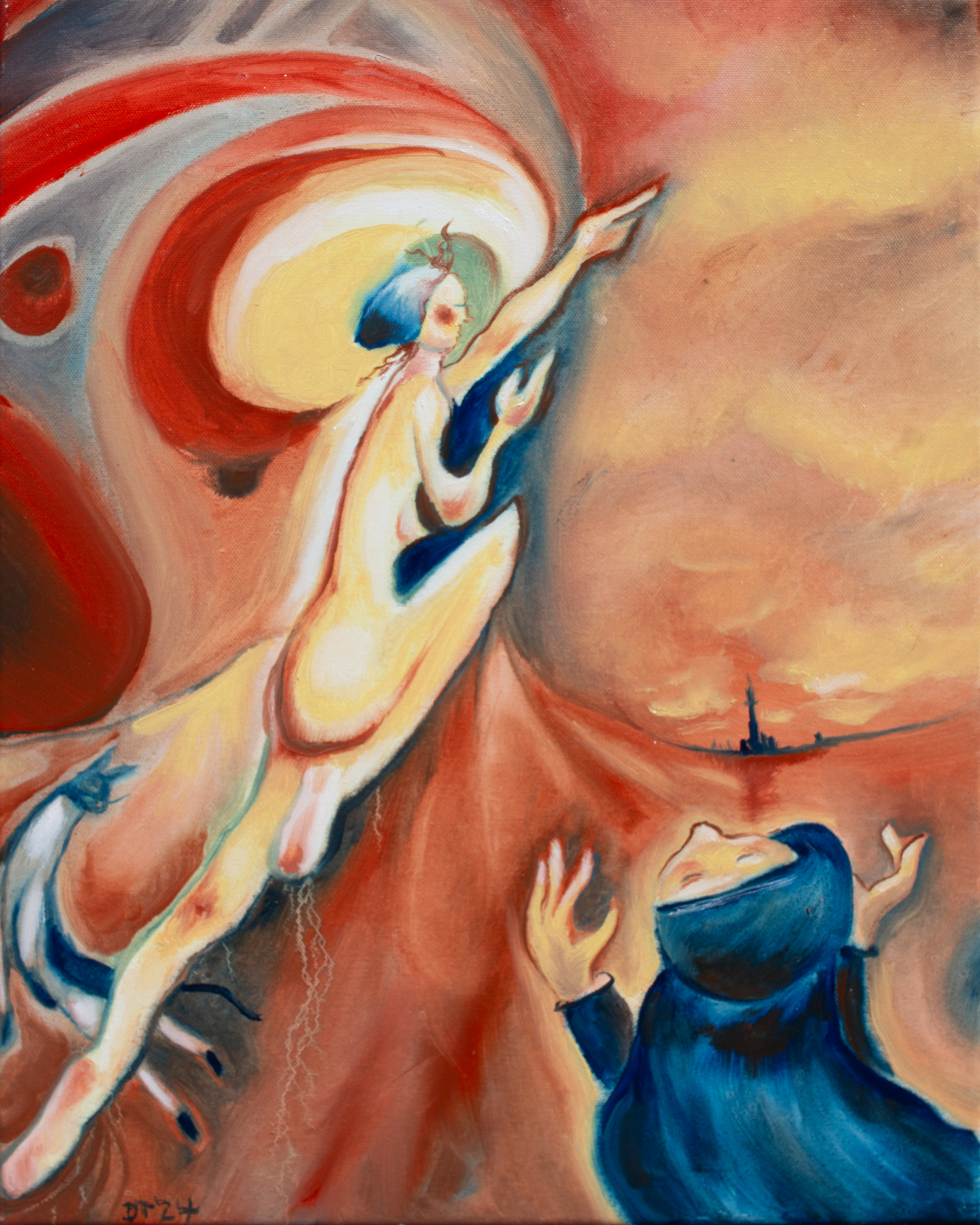 Bright surrealist painting with red and blue shapes of a figures diving into the sky. A figure in a robe and a cat look on.