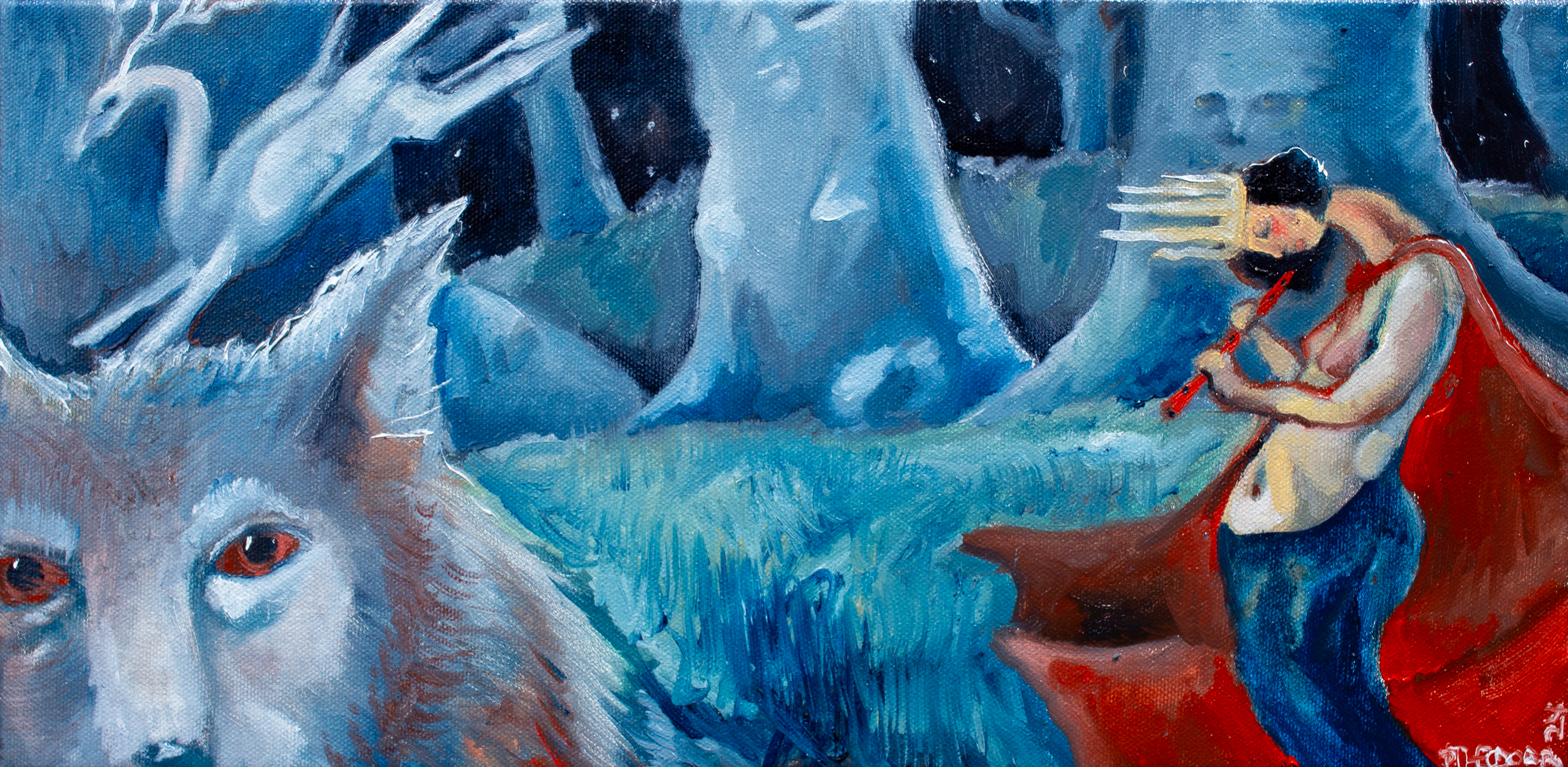 Small oil painting in blue. A fox and a crowned cloaked figure plays a song in the face forest.