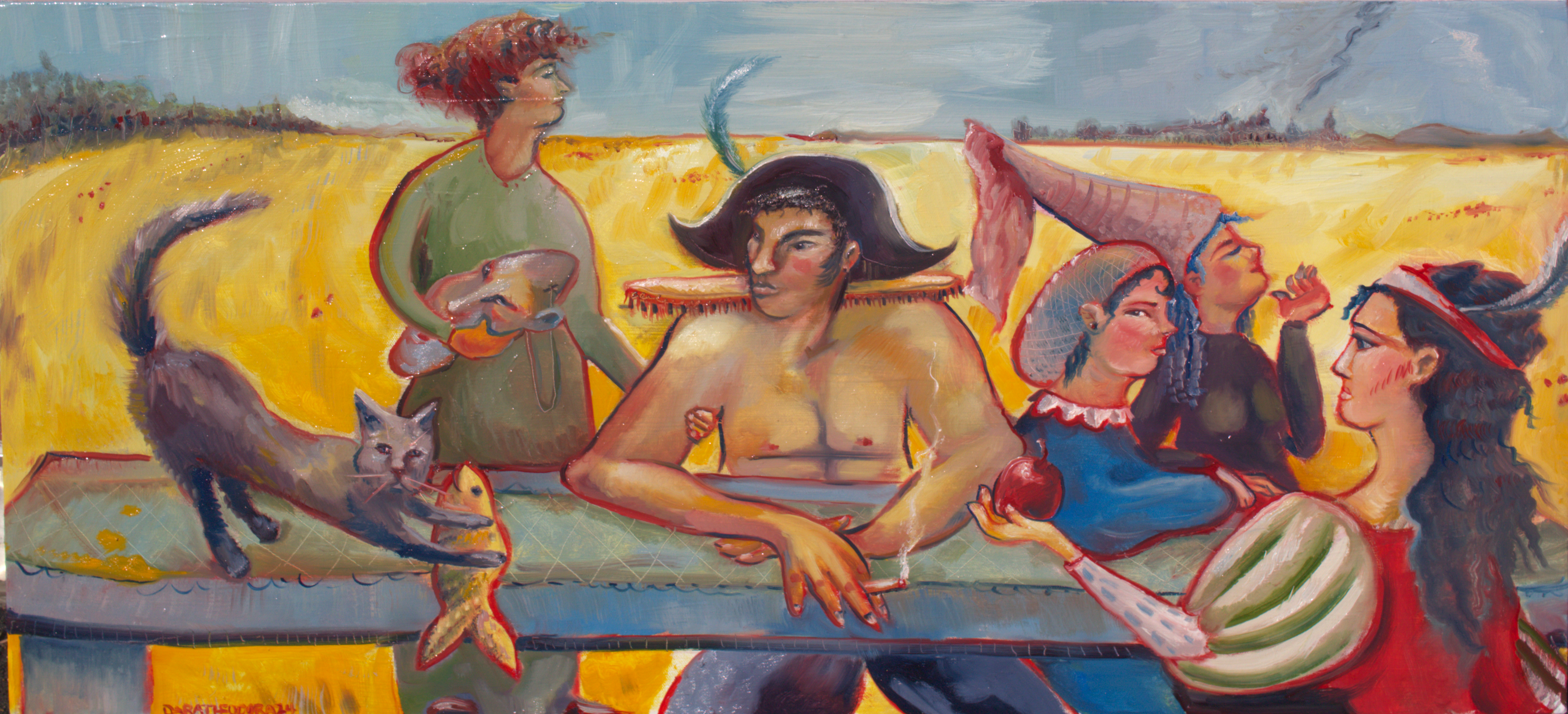 Yellow oil painting of a table and devilish looking jester-like figures surrounding it.