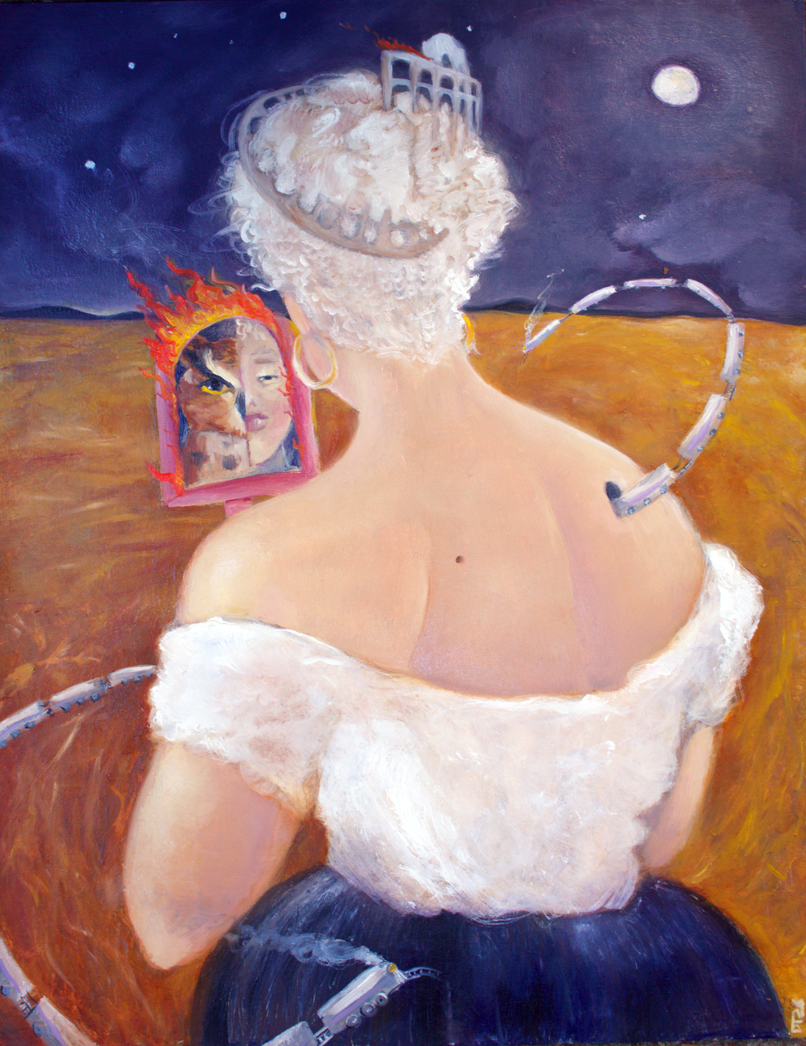 Glowing Surrealist painting by Dara Theodora. Viewer looks at the back of a woman wearing a gauzy top and skirt. A train comes out of her back and another swirls around towards her back. She holds a flaming mirror with the half face of an owl.