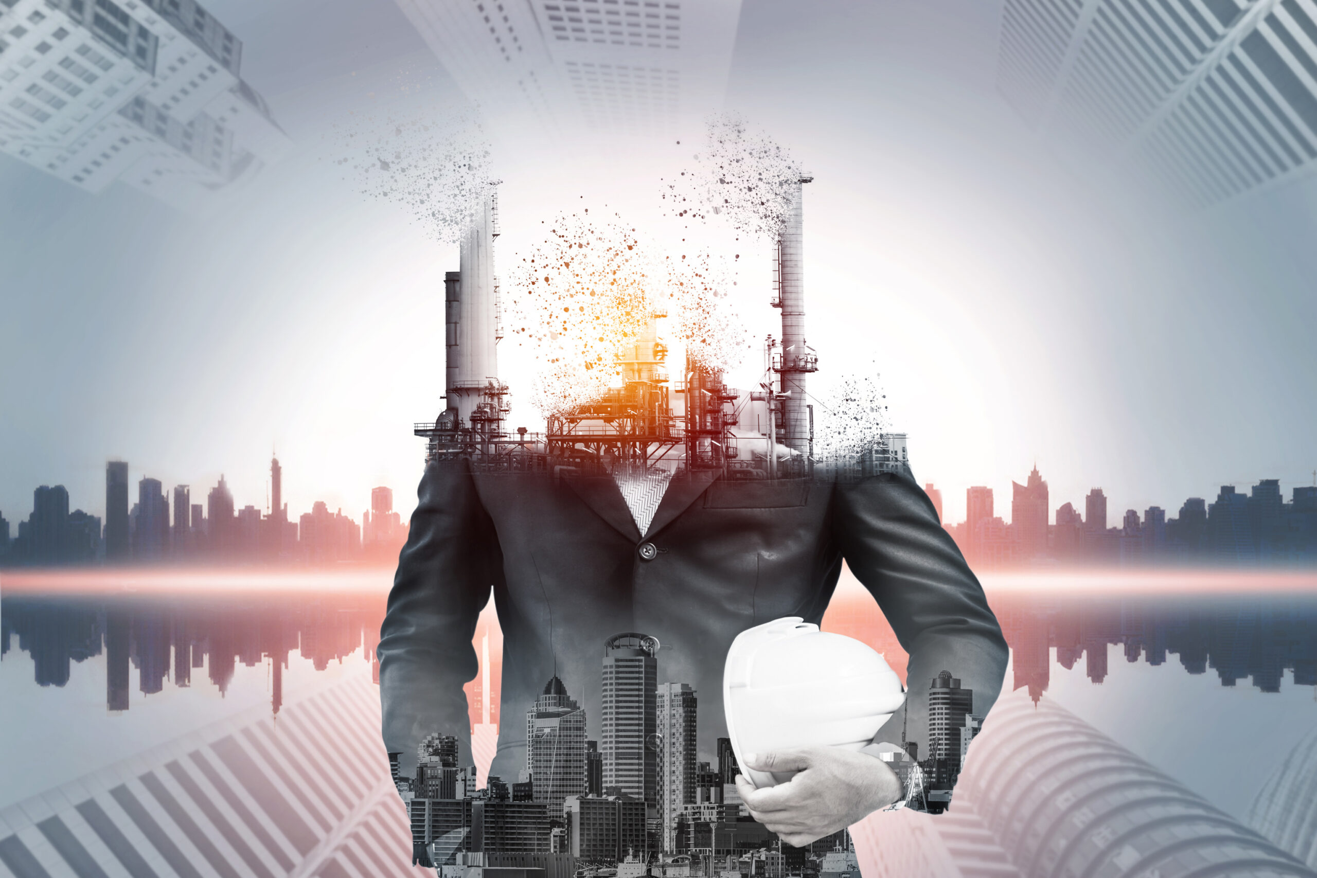 Danger of air pollution from conventional power industry causes problem to world environment such as global warming. Concept of change and disruption to the era of old toxic polluting factory.