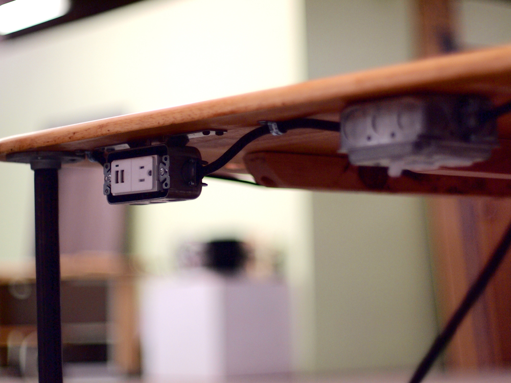 Working Work Table (detail of power switch, outlets, and USB charging outlets)