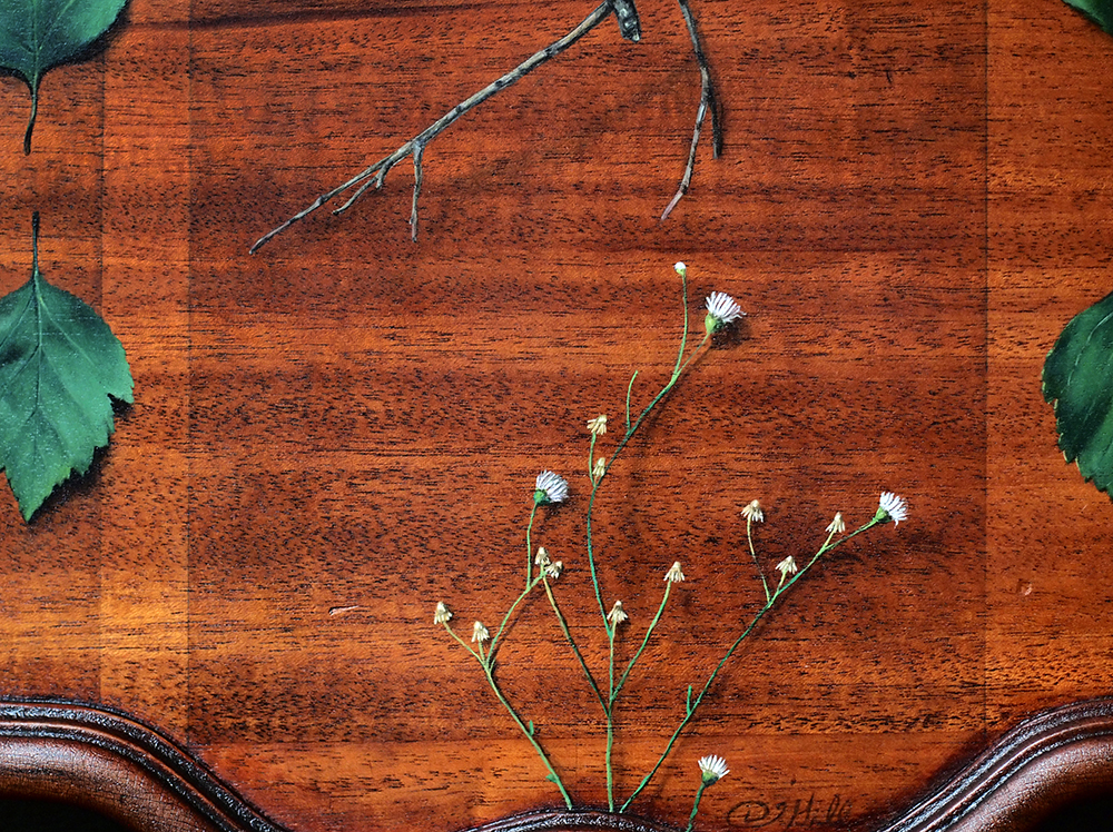 “Absolute: Position”, (detail). Oil paint on reclaimed mahogany pie crust table top. 25 1/2” x 25 1/2”. 8.9.16.