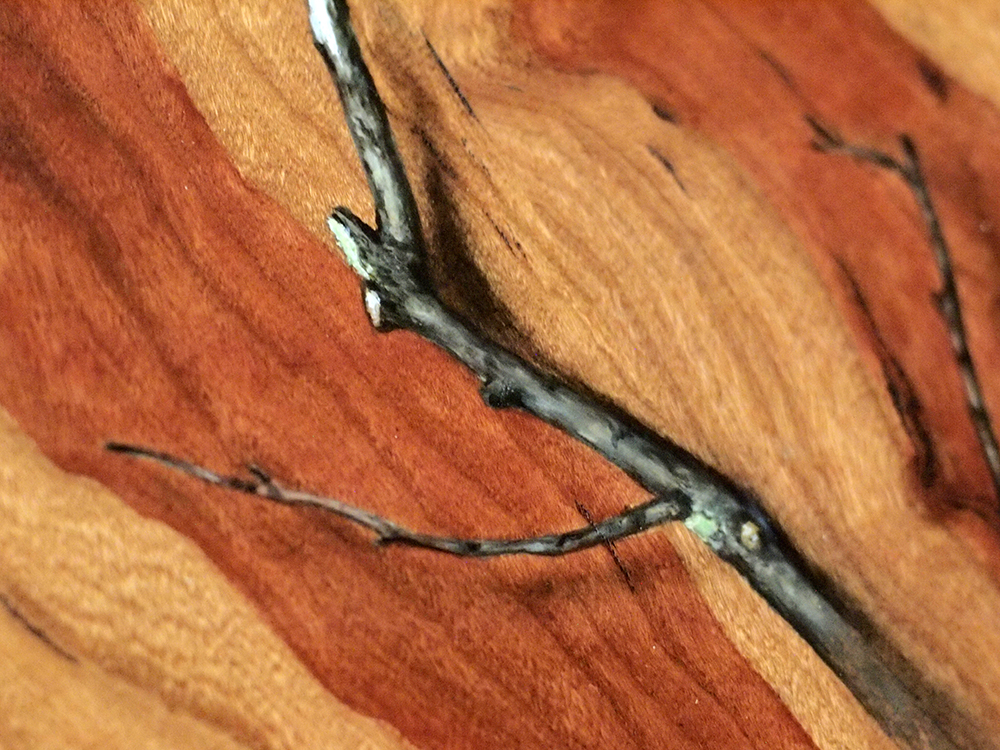 "Absolute: Insulation" (detail), Oil paint on reclaimed cherry wood. 12 3/4” x 15 5/8”. 12.13.16.