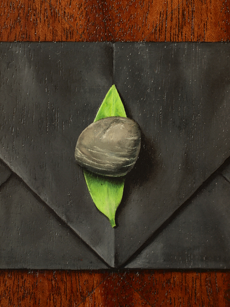 Close up detail of "Absolute: Rest", oil painting on reclaimed wood.
