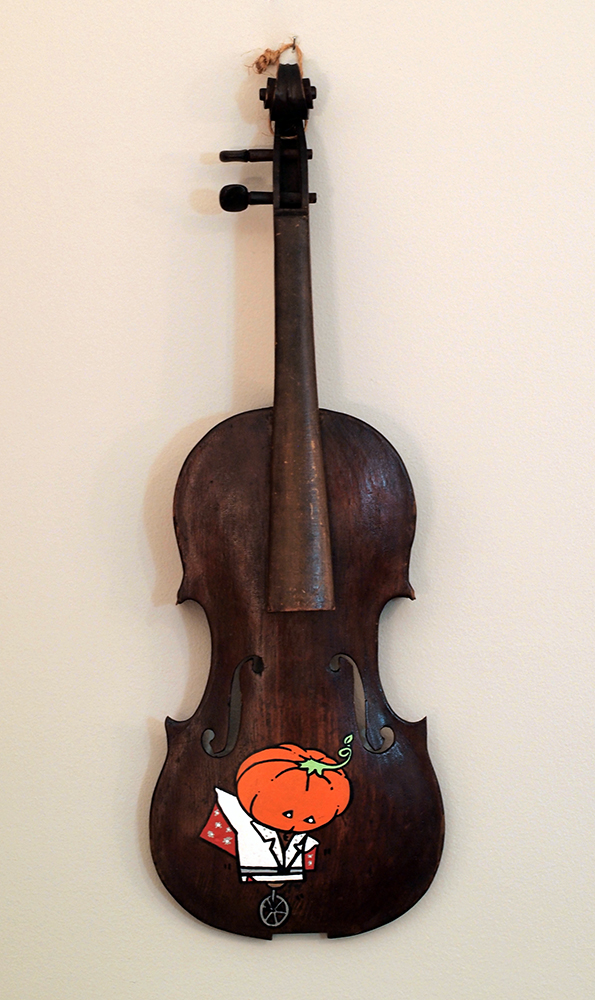 The Pumpkin's King: Acrylic and marker on vintage violin. 23” x 7 7/8” x 2 1/2”. 9.7.18
